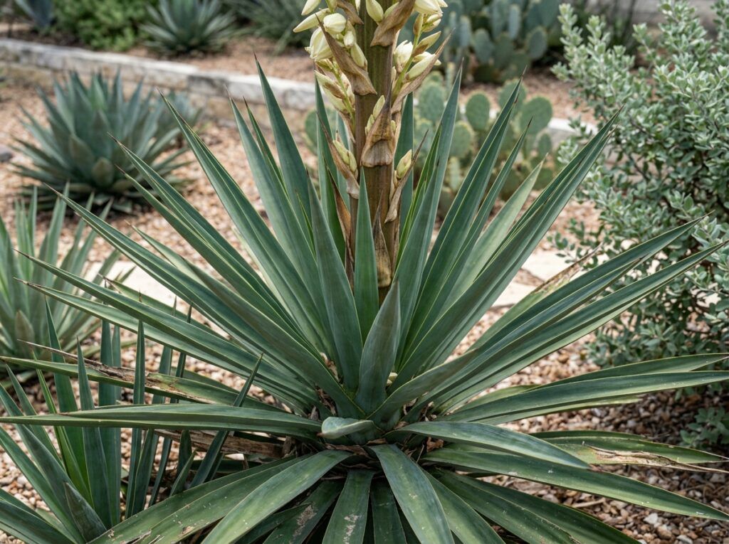 Faxon's Yucca perennial with stiff blue-green sword leaves in a rosette, shown in a black nursery pot.
