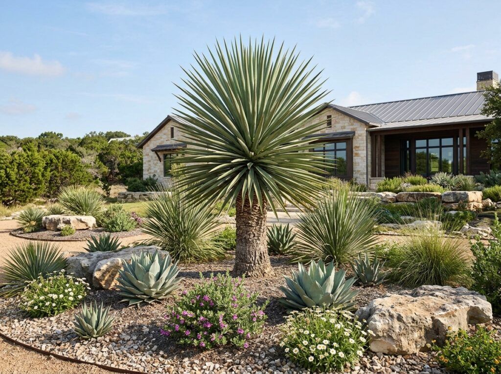 Faxon's Yucca with an upright trunk and dense rosette of blue-green, sword-like leaves in a landscape setting.