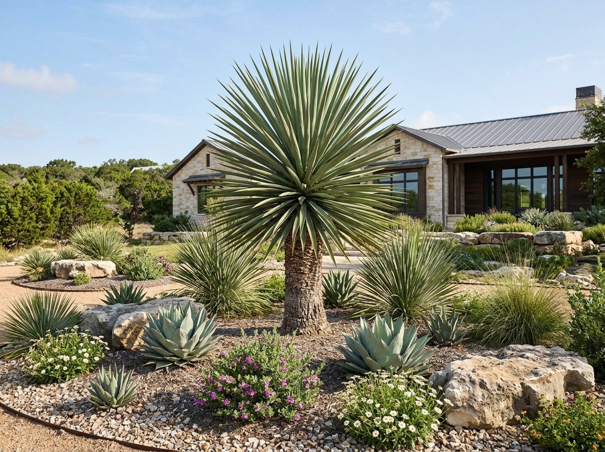 Faxon's Yucca with an upright trunk and dense rosette of blue-green, sword-like leaves in a landscape setting.