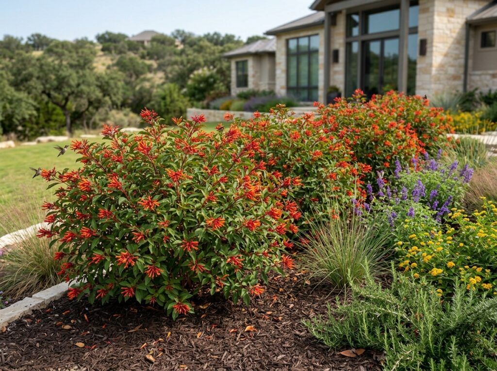 Firebush shrub with clusters of orange-red tubular flowers and glossy green leaves in a garden bed