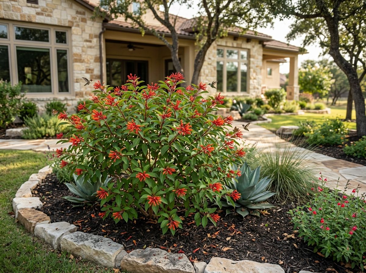 Firebush shrub with clusters of orange-red tubular flowers and glossy green foliage in a landscaped bed.