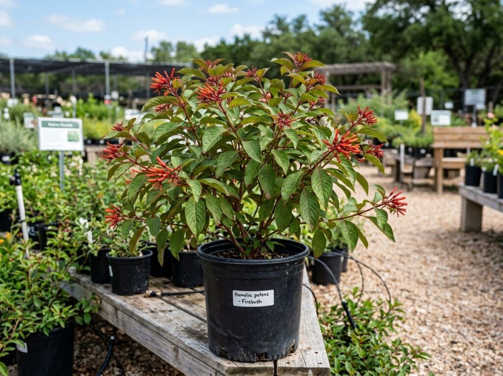 Firebush shrub in container with glossy green leaves and clusters of orange-red tubular flowers.
