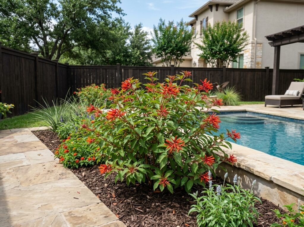Firebush shrub in a nursery container with glossy green leaves and clusters of orange-red tubular flowers.