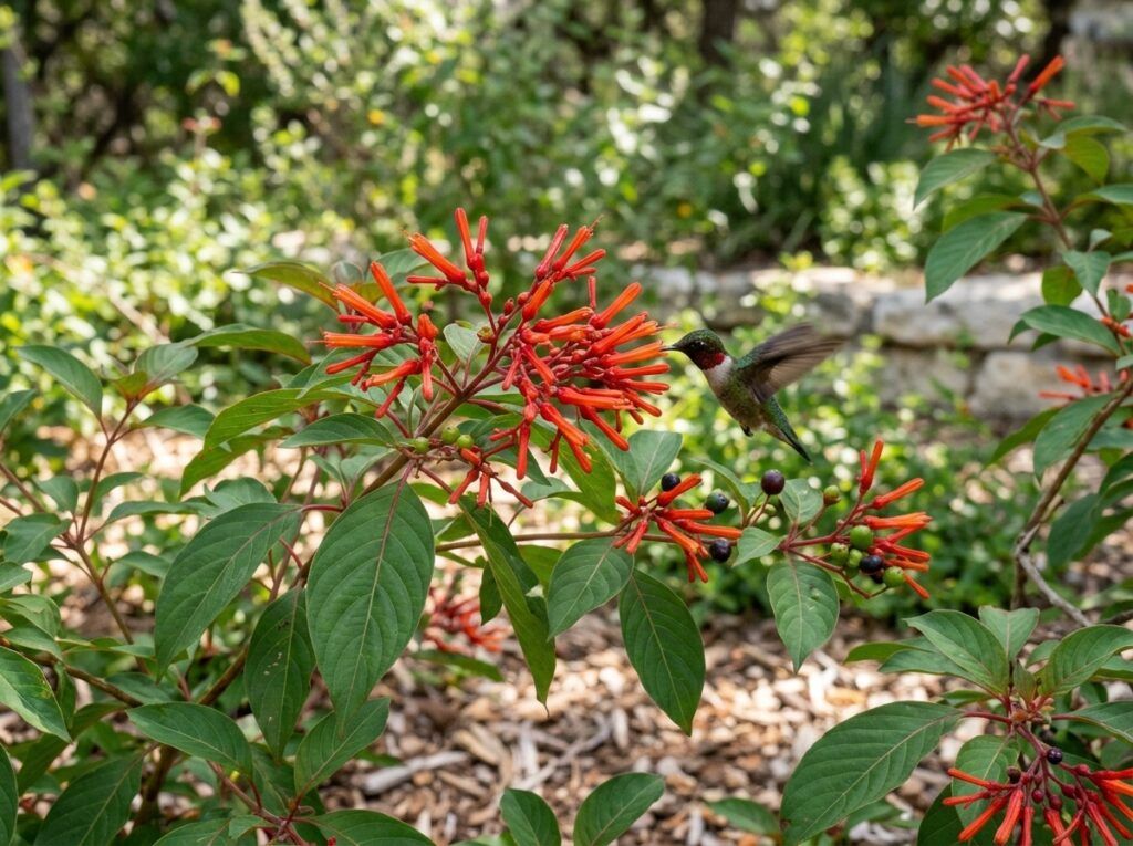 Firebush shrub with glossy green leaves and clusters of orange-red tubular flowers against a white background.