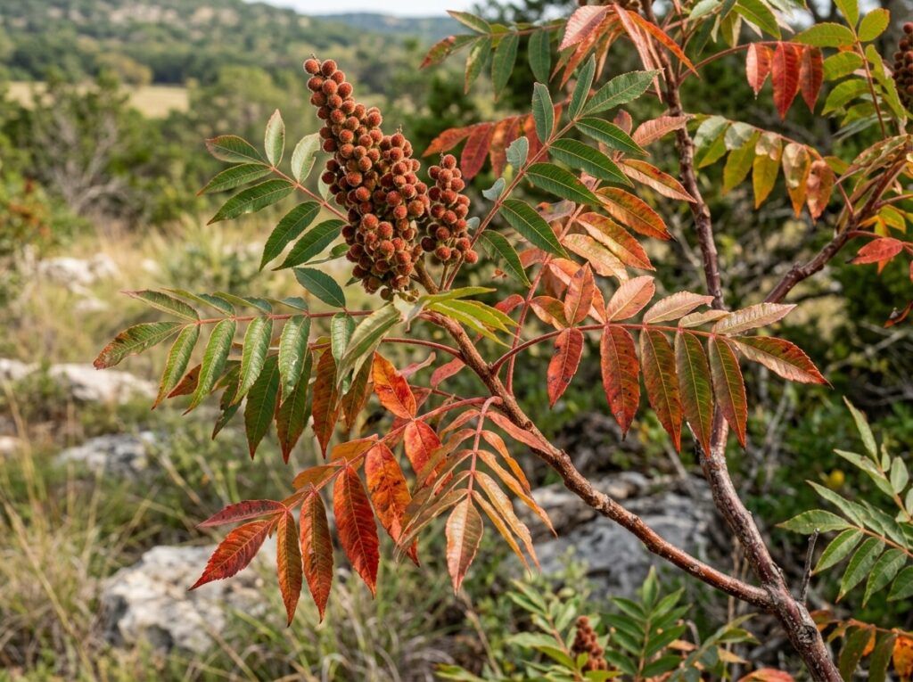 Flameleaf Sumac shrub in a black nursery pot with bright red-orange foliage.