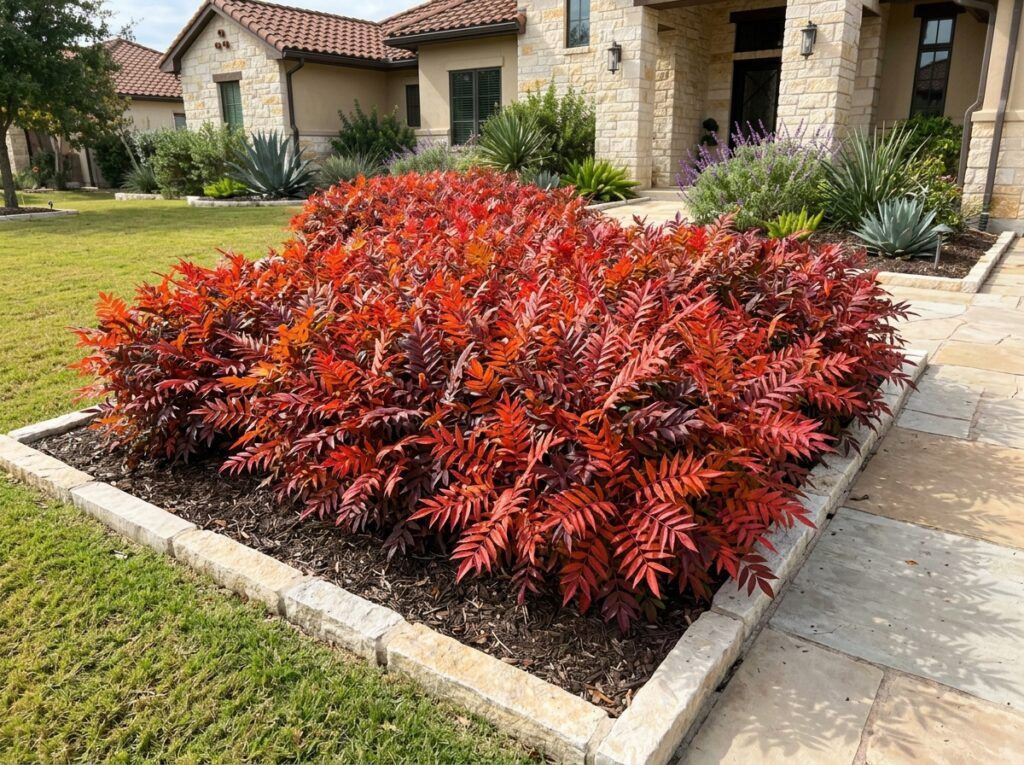 Flameleaf Sumac shrub with dense green foliage growing in a black nursery container.
