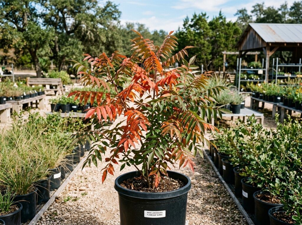 Flameleaf Sumac shrub in a nursery container, showing green compound leaves with reddish new growth.