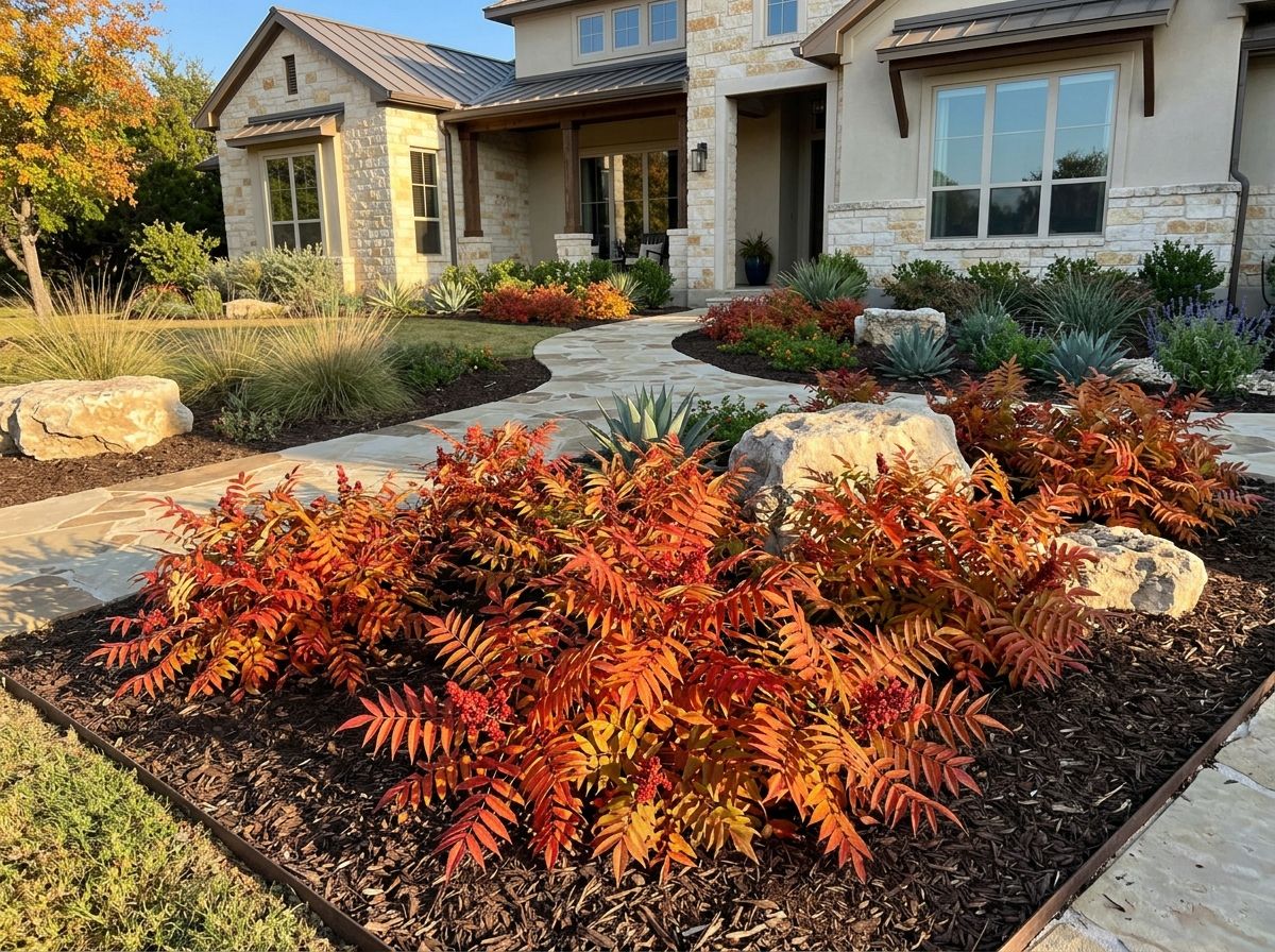 Flameleaf Sumac shrub with fiery red-orange foliage in a black nursery container.