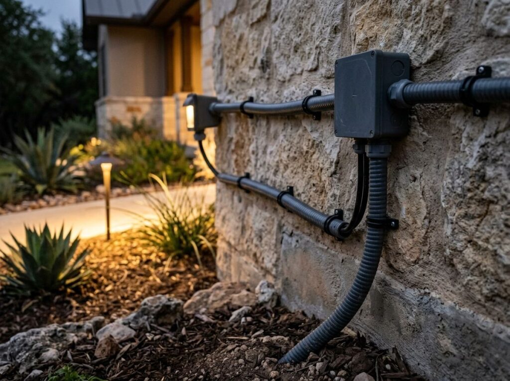 Flexible Conduit Kit for landscape lighting shown as coiled black conduit with connectors on a white background.