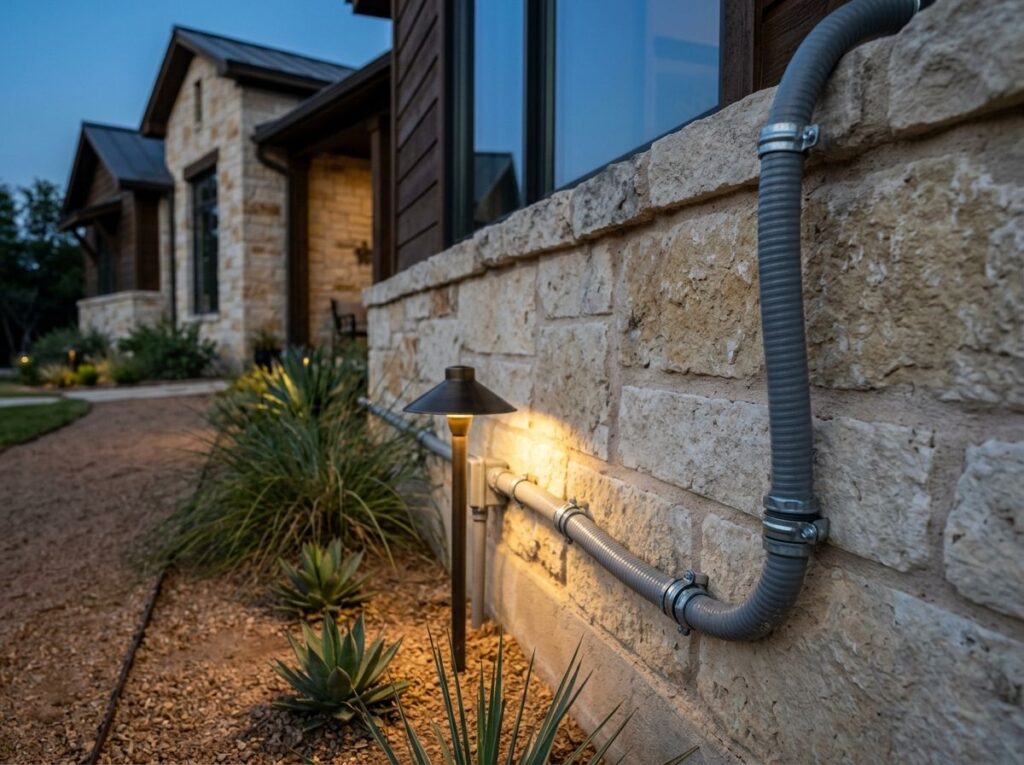 Flexible Conduit Kit for landscape lighting, showing coiled black conduit with connectors and mounting hardware.