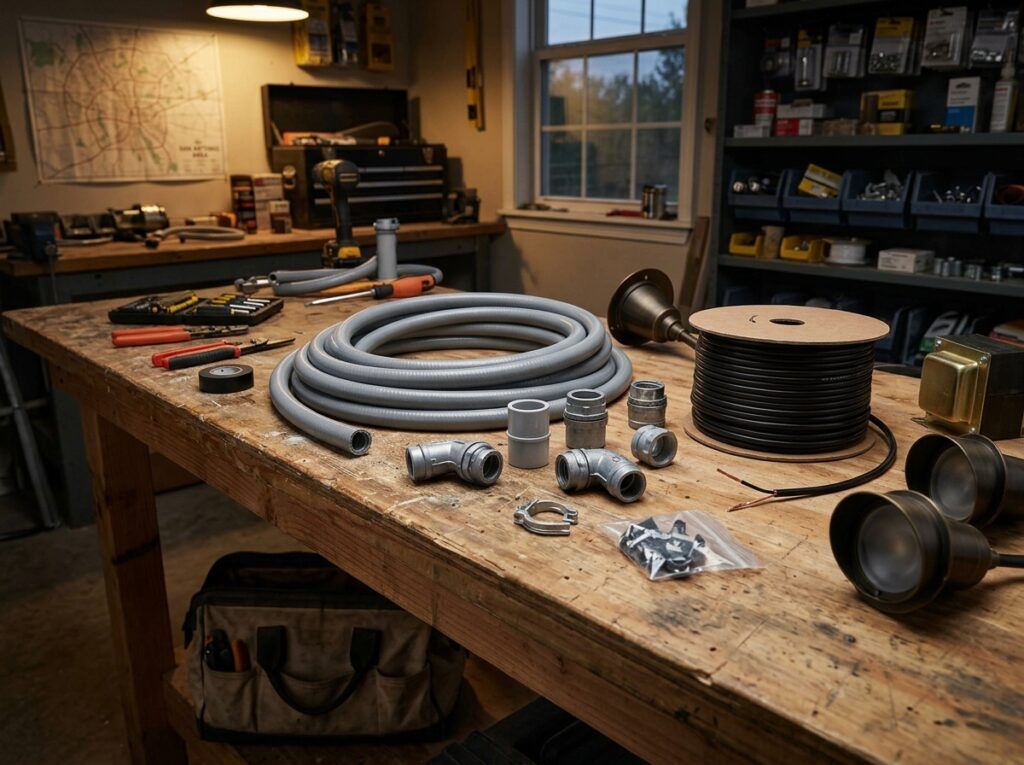 Flexible Conduit Kit for landscape lighting, black corrugated conduit roll with connectors shown on white.