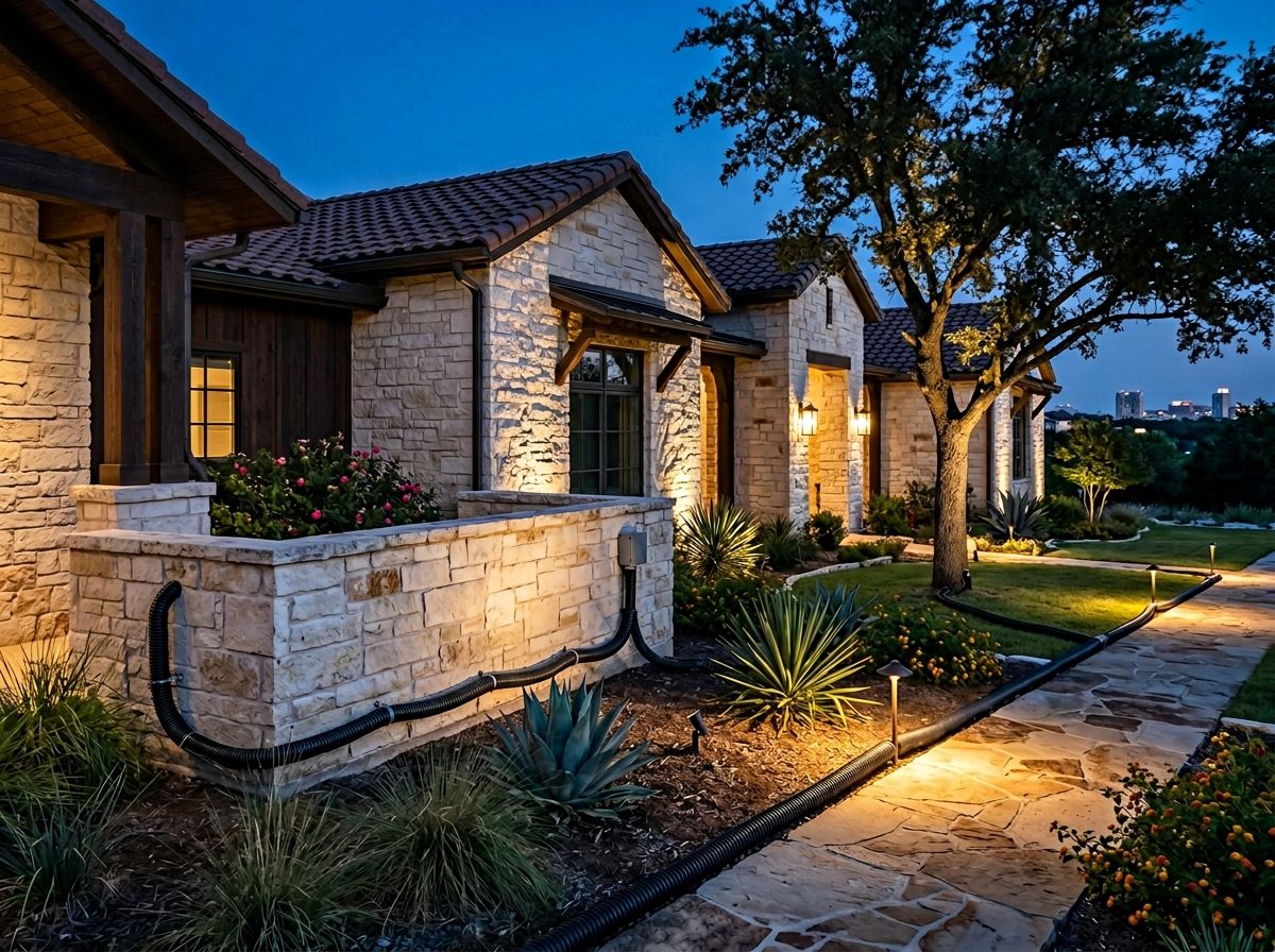 Flexible Conduit Kit for landscape lighting, showing black flexible conduit with fittings for protecting low-voltage wire.