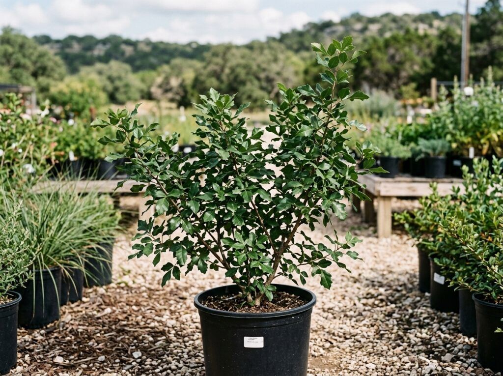 Fragrant Sumac shrub with dense green foliage growing in a nursery container.