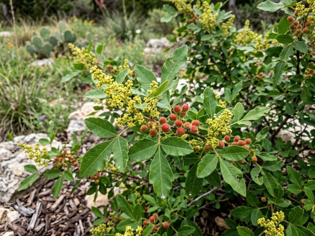 Fragrant Sumac shrub with dense green foliage in a nursery pot against a clean white background.
