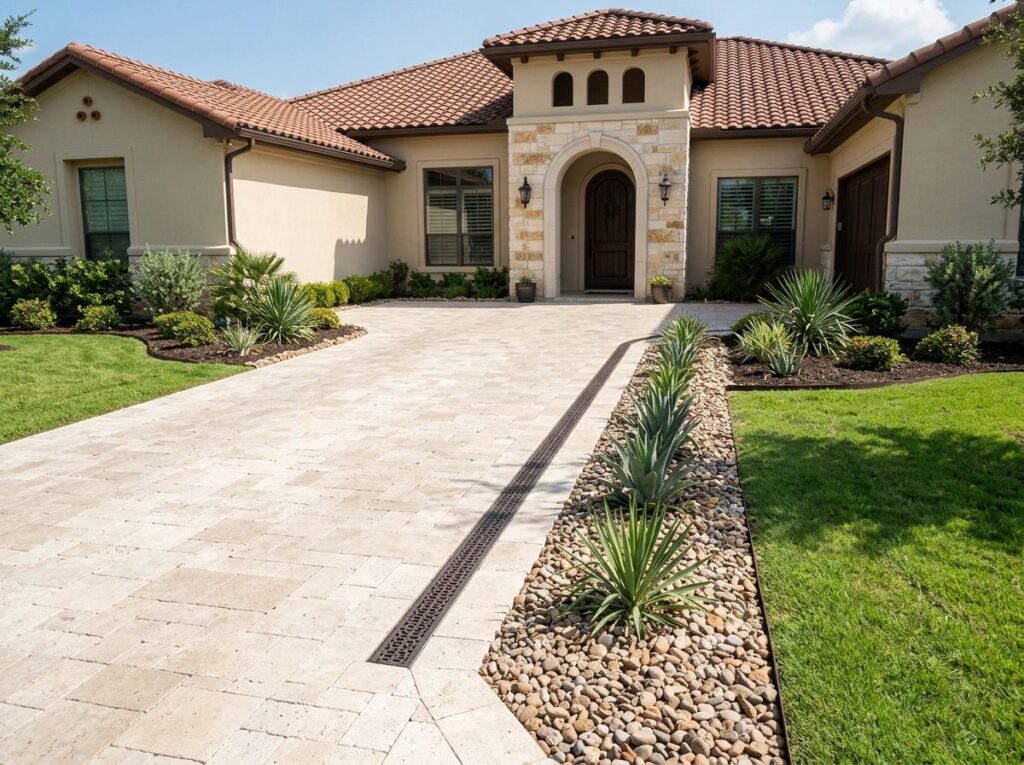 French Drain w/ Channel Tie-In drainage install with channel grate tied into a buried perforated pipe beside patio.