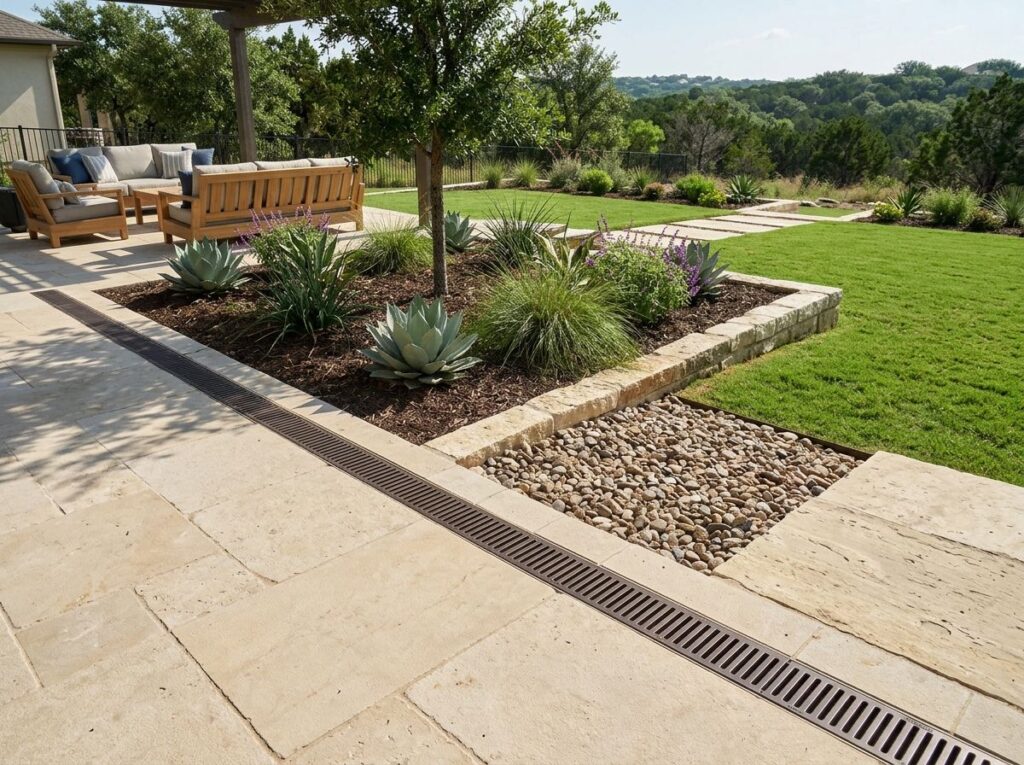 French Drain w Channel Tie-In French drain drainage pipe in gravel trench connecting to a channel drain beside a patio edge.
