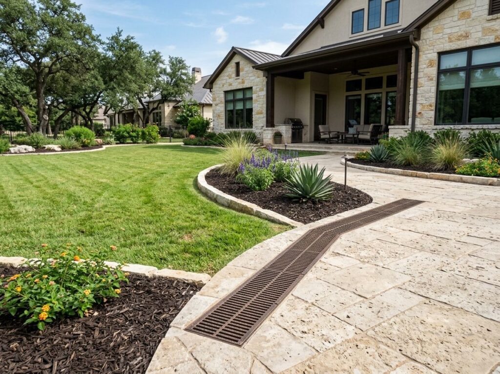 French Drain w Channel Tie-In drainage system with perforated pipe in gravel trench tied into channel drain.