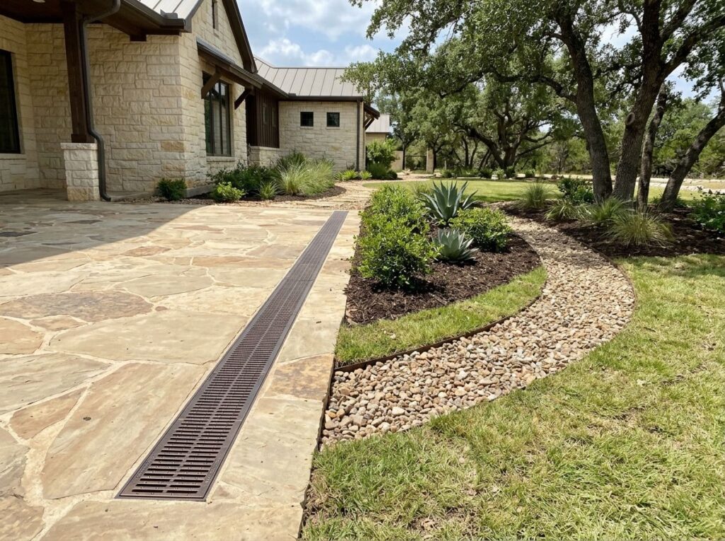 French Drain w Channel Tie-in shows a gravel-filled French drain trench with perforated pipe tied into a channel drain.