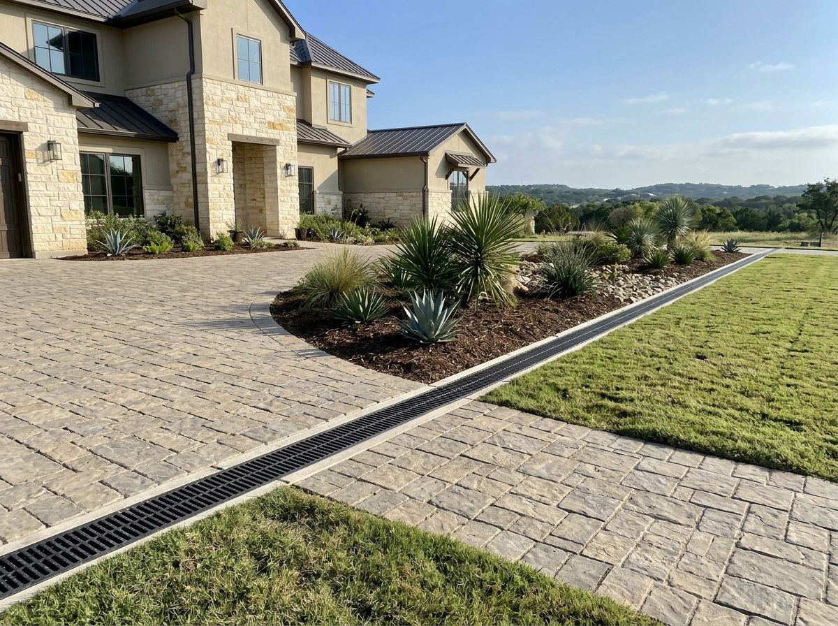 French Drain w Channel Tie-In French drain drainage with gravel trench and perforated pipe tied into channel drain.