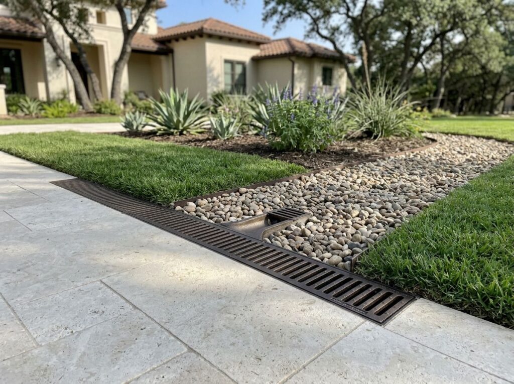 French Drain w Channel Tie-in French drain drainage trench of gravel and pipe tying into a channel drain near a patio.