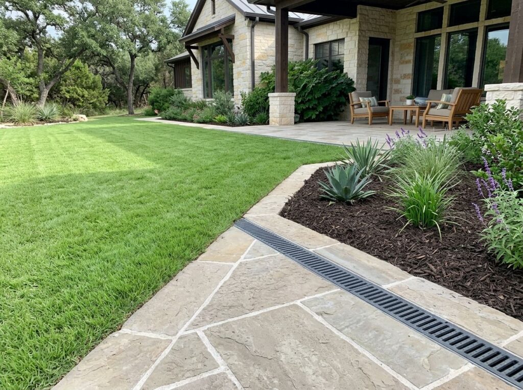 French Drain w/ Channel Tie-In drainage system with perforated pipe in gravel trench tying into surface channel.