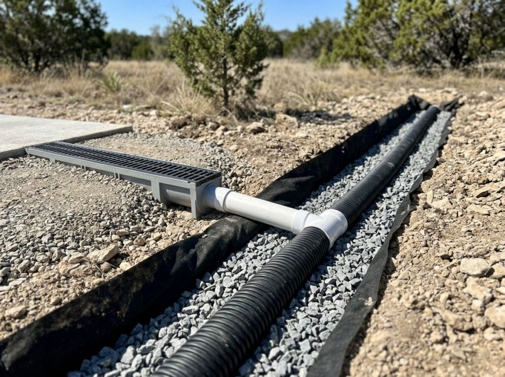 French Drain w/ Channel Tie-in drainage install with gravel-filled trench and perforated pipe tied into a channel grate.