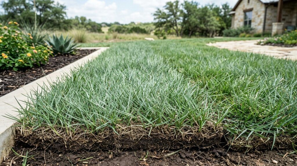 Fresh Buffalo Prairie sod rolls laid in neat seams, bright green turf ready for watering.