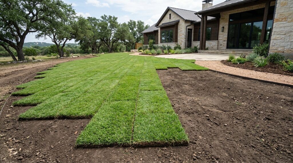 Close-up of fresh green Cavalier sod rolls laid tightly together, showing clean seams on a lawn.