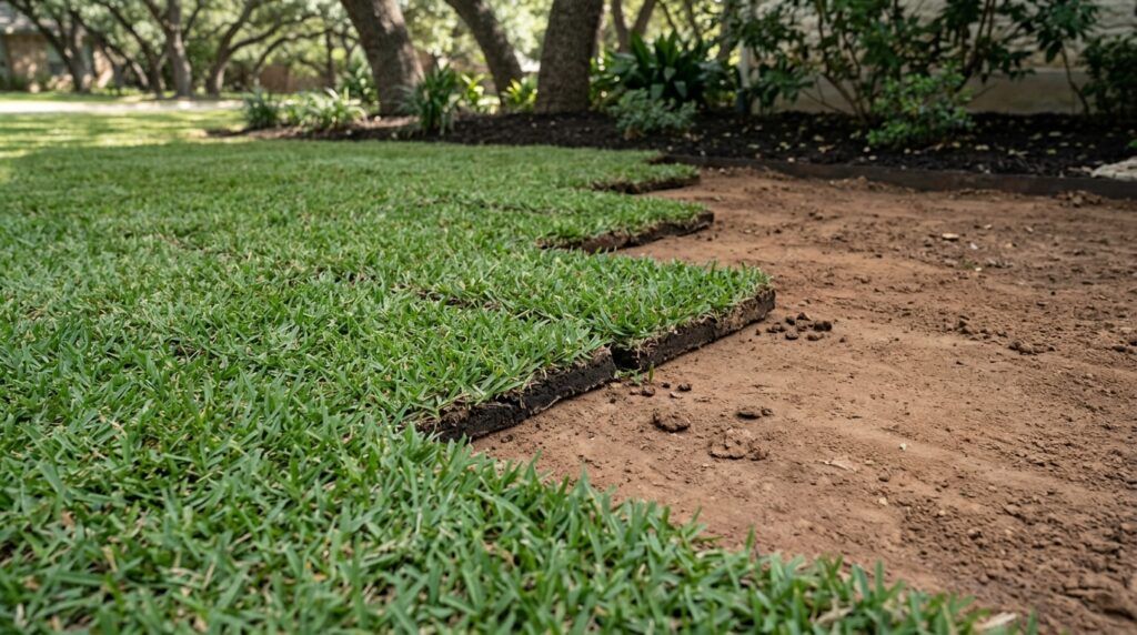 Fresh St Augustine Palmetto sod rolls laid in neat seams, showing dense green blades.