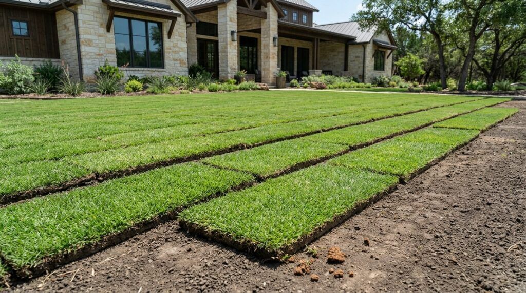 Fresh Zoysia Cavalier sod rolls with dense green blades ready for installation.