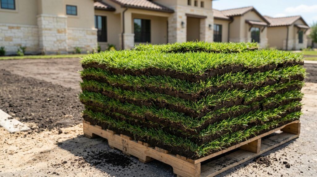Fresh Zoysia Cavalier sod rolls laid with tight seams over prepared soil, showing dense bright green turf.