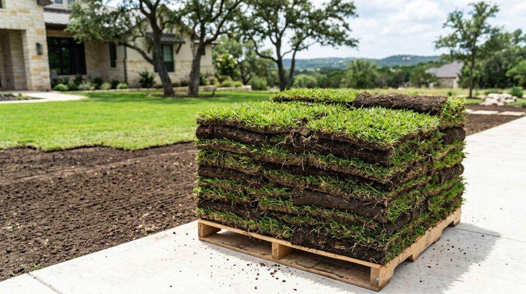 Fresh Zoysia El Toro sod rolls laid in tight seams, showing dense green turf ready for rooting.