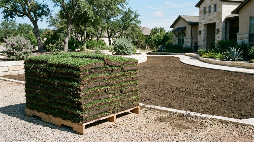 Fresh Zoysia Emerald sod rolls stacked with rich green blades.