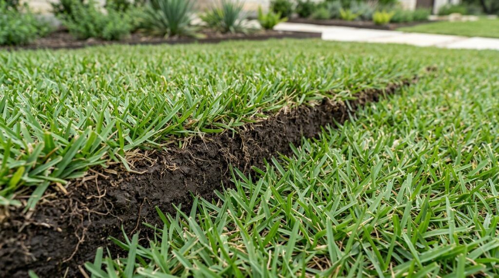 Fresh Zoysia Palisades sod rolls stacked with dense, rich green turf ready for sod installation.