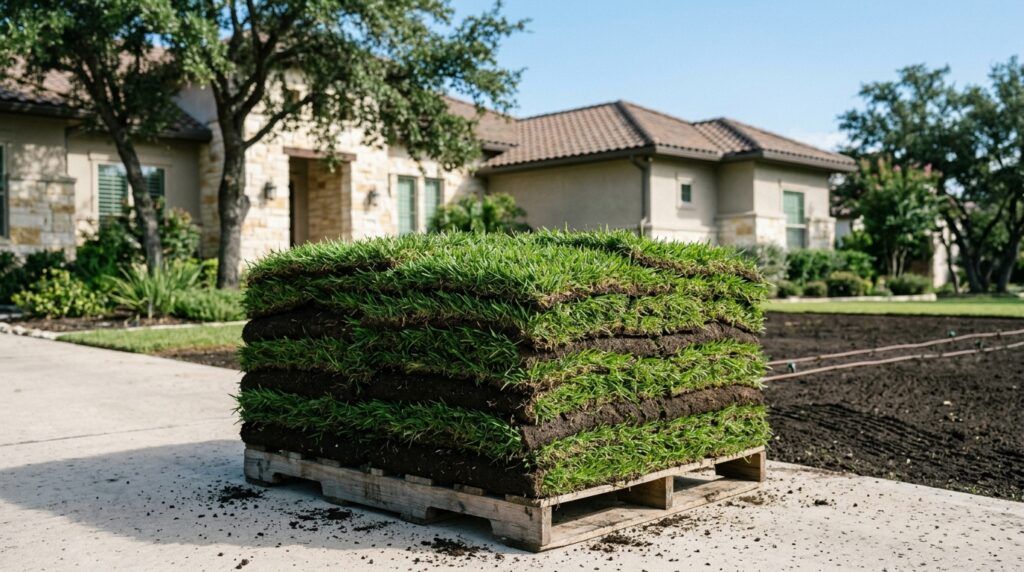 Freshly cut Zoysia Jamur sod rolls stacked on a pallet, showing dense green turf.
