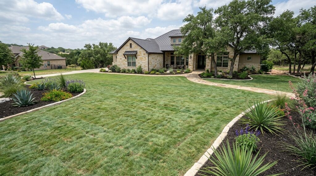 Freshly laid Buffalo 609 sod with tight seams and rich green blades covering a newly graded yard.