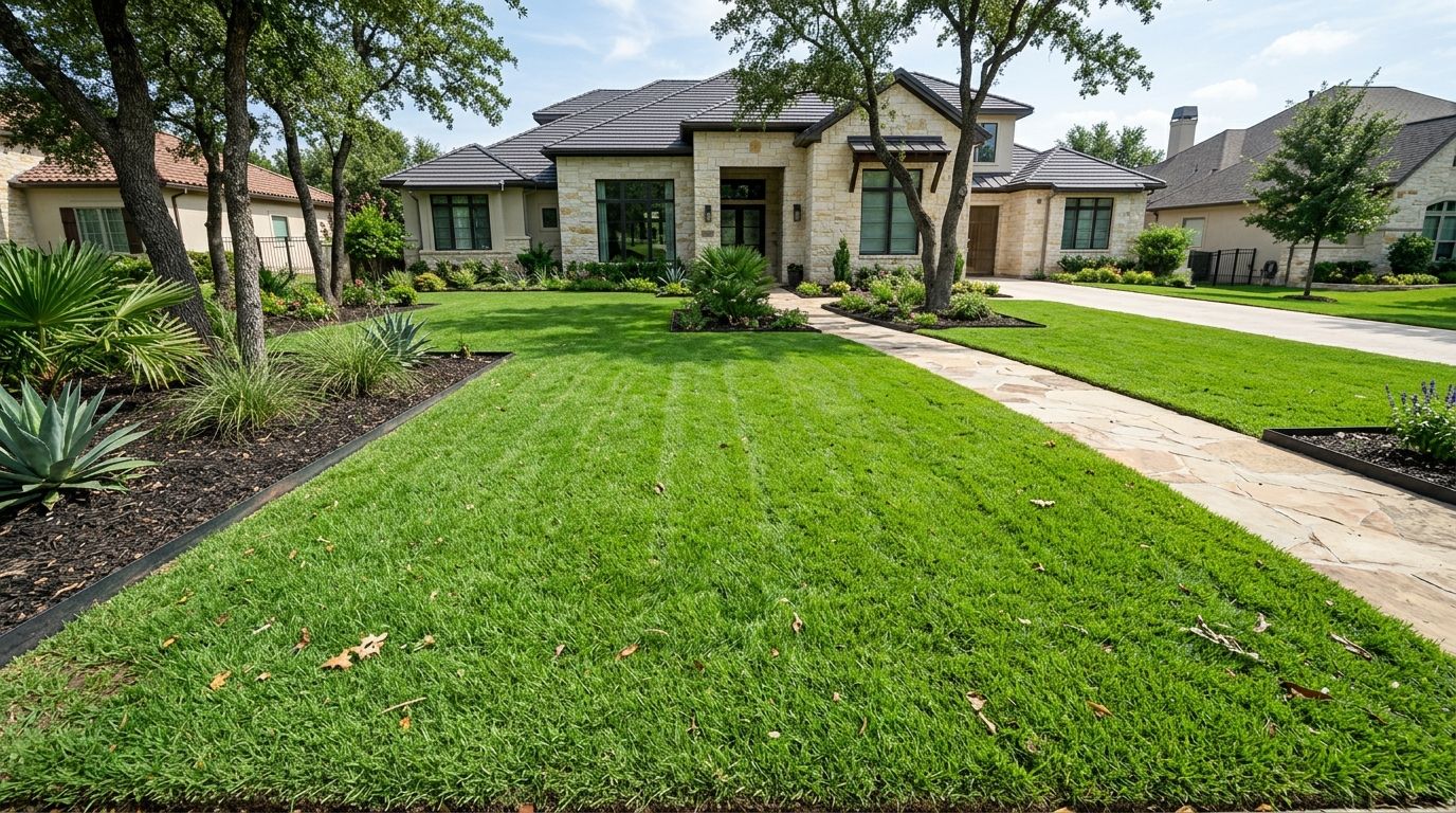 Freshly laid Zoysia Jamur sod forming a thick green lawn with neat seams along the edges.