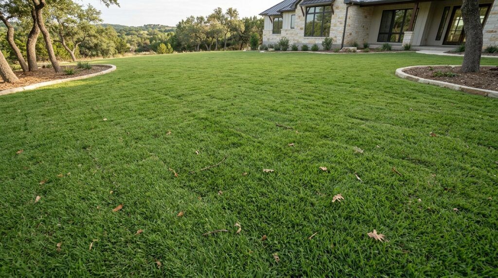 Freshly laid Zoysia Sod with tight green seams during sod installation on a residential lawn.