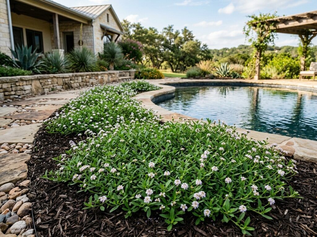 Frogfruit groundcover with dense green foliage and small white blooms in a landscape bed.