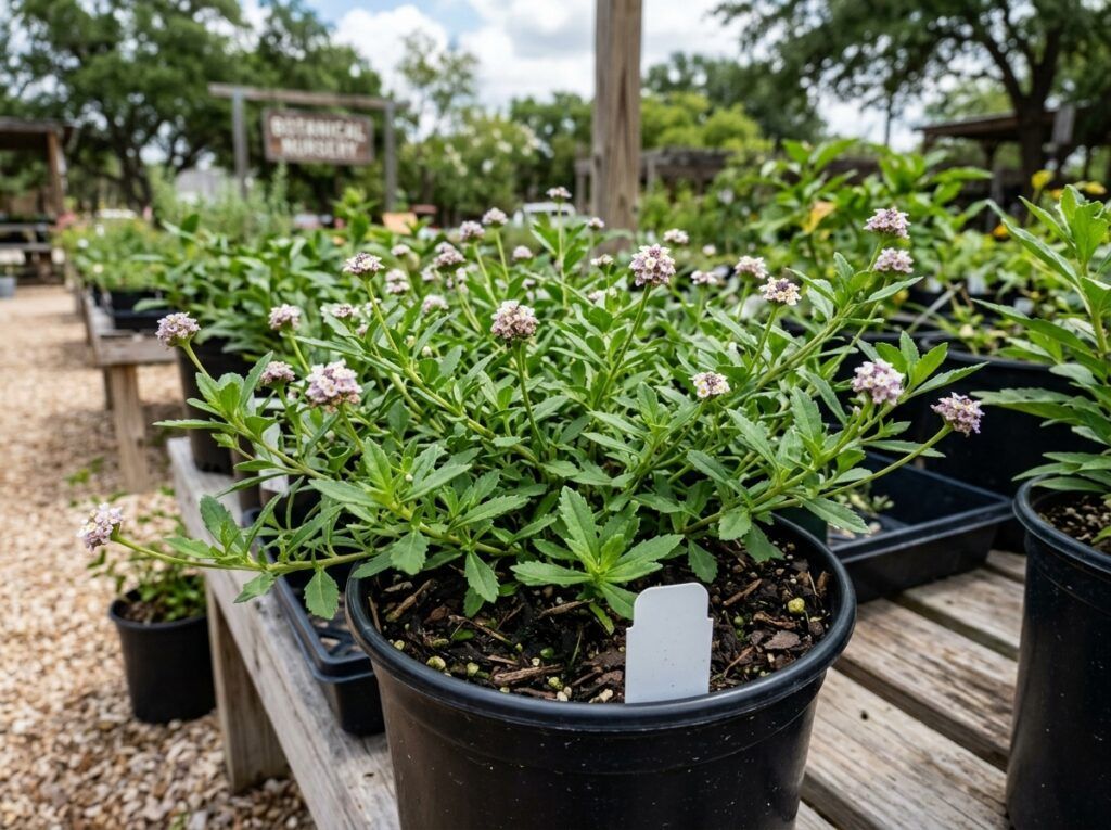 Frogfruit groundcover with dense green foliage and small white blooms spreading low in a garden bed.