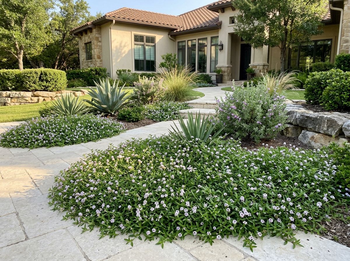 Frogfruit groundcover in bloom, low mat of green leaves with small white flowers.