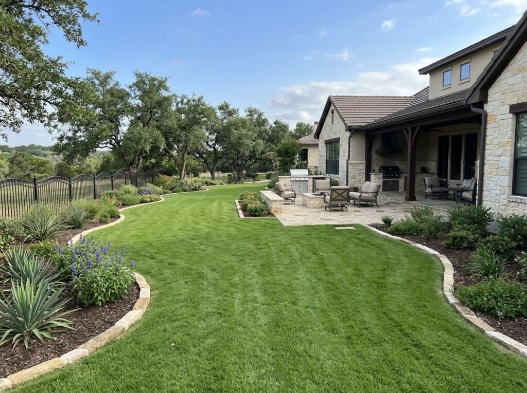 Full Grading w/ Drain Integration drainage trench with gravel and perforated pipe along yard slope.