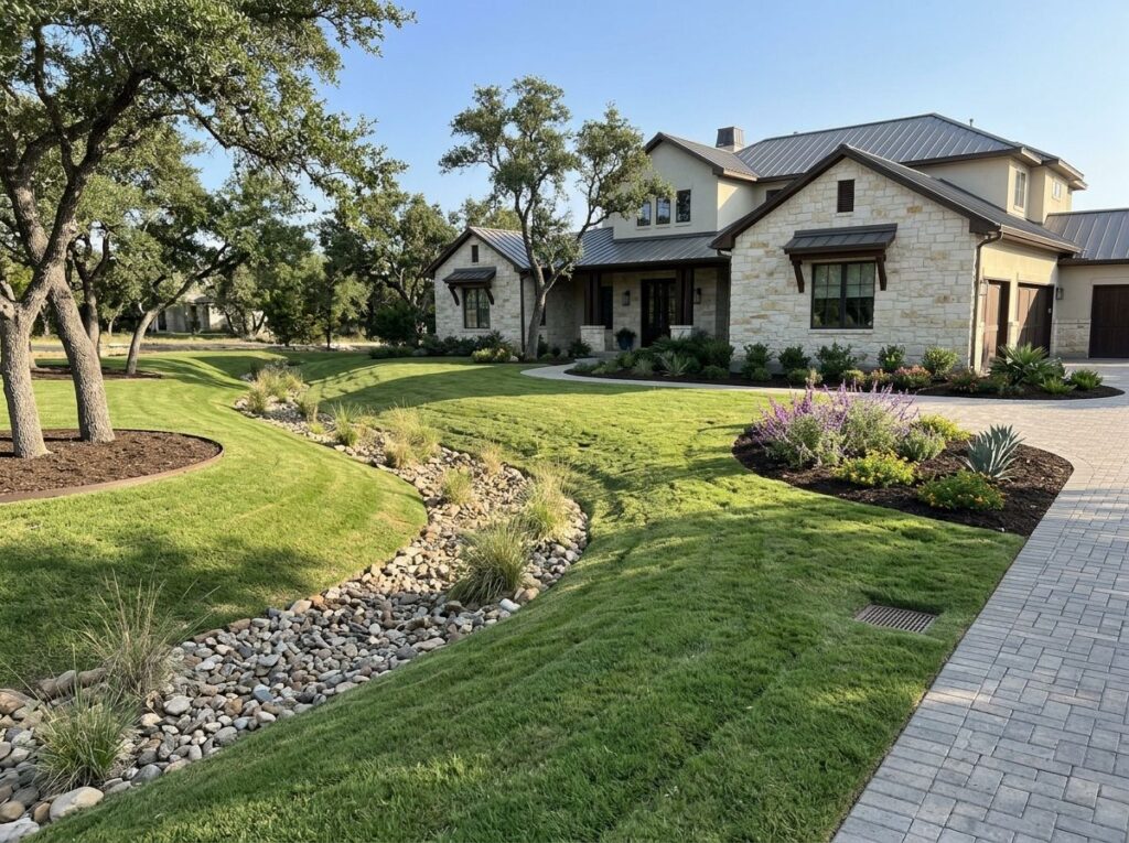 Full Grading w Drain Integration drainage trench drain with gravel channel along yard edge beside concrete walkway