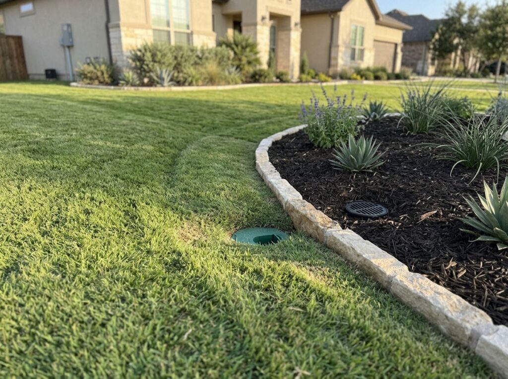 Full Grading w Drain Integration drainage with perforated pipe and gravel trench along yard slope.