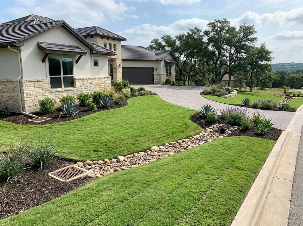 Full Grading w Drain Integration drainage showing buried drain pipe outlet along graded soil slope by lawn edge.