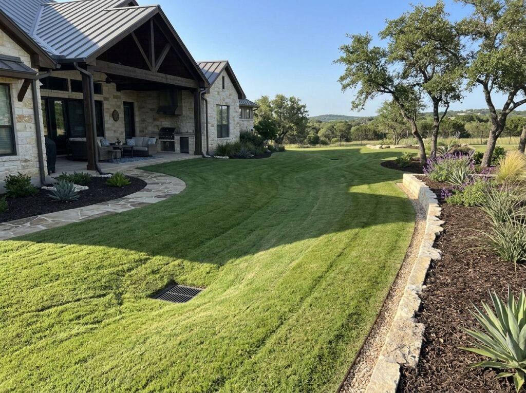 Full Grading w/ Drain Integration drainage system with buried pipe and surface inlet along a gently sloped yard.