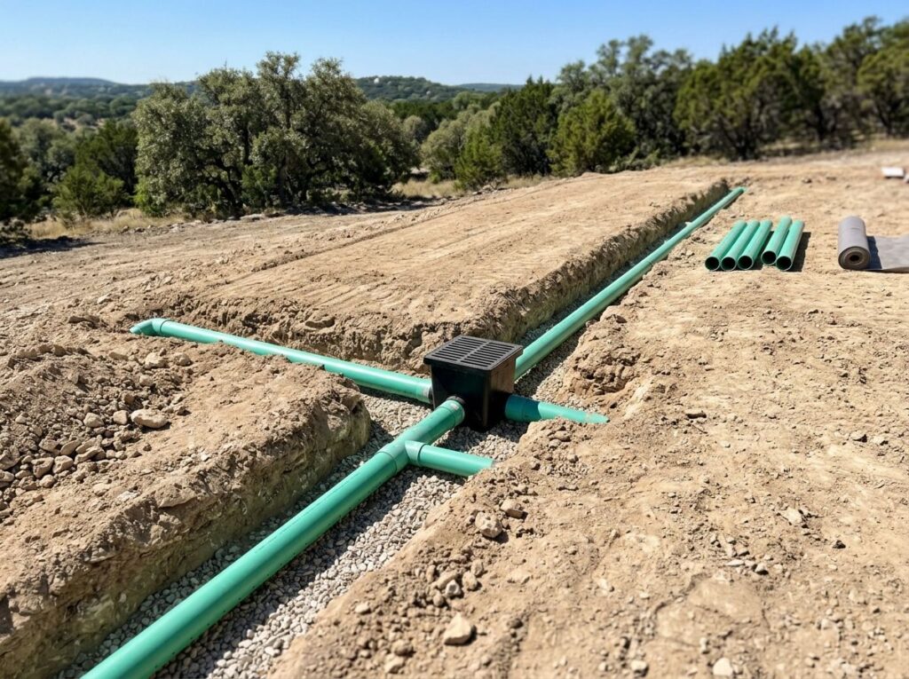 Full Grading w Drain Integration drainage with buried pipe and surface grate along sloped yard.