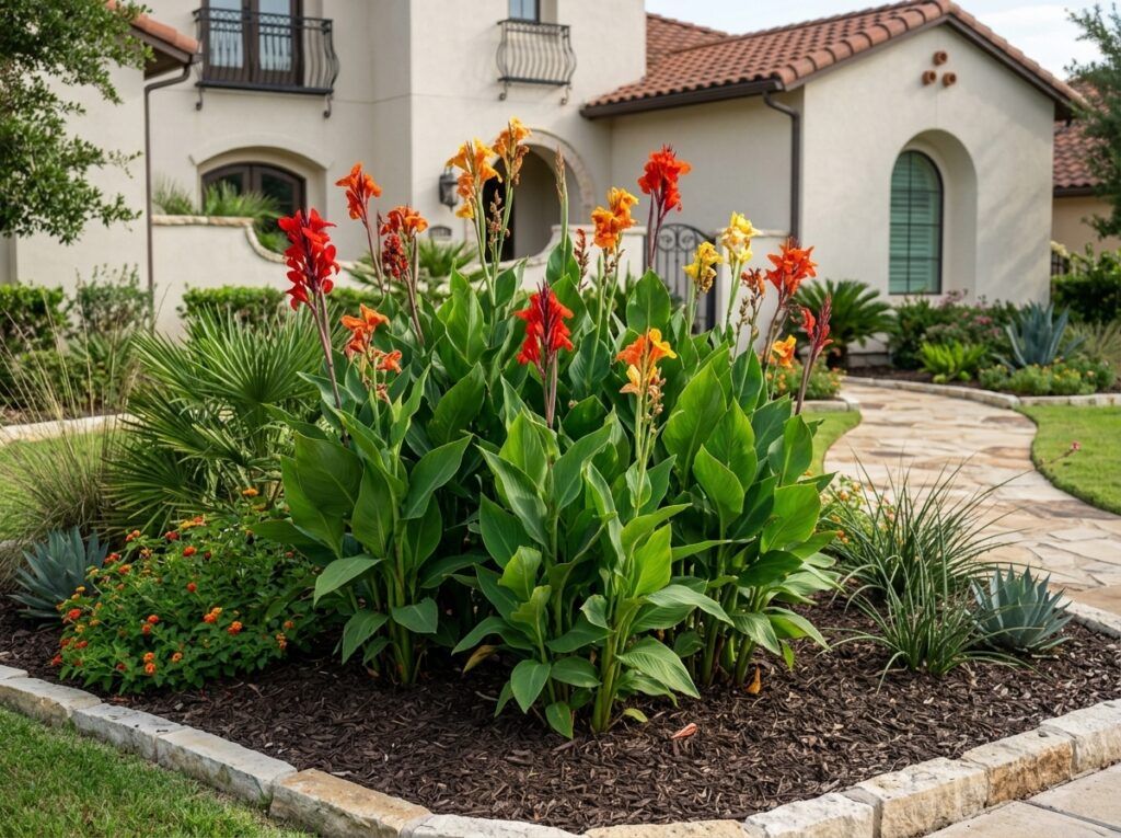 Garden Canna perennial with tall green foliage and bright orange blooms growing in a garden bed.