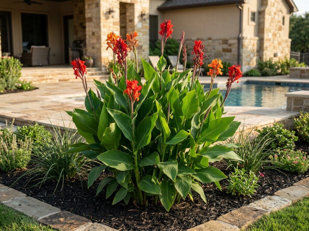 Garden Canna perennial in a nursery pot with tall green leaves and bright red-orange blooms.