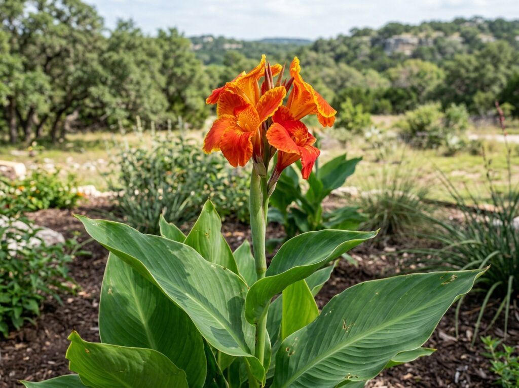 Garden Canna perennial with tall green leaves and bright red-orange flowers in a black nursery pot.